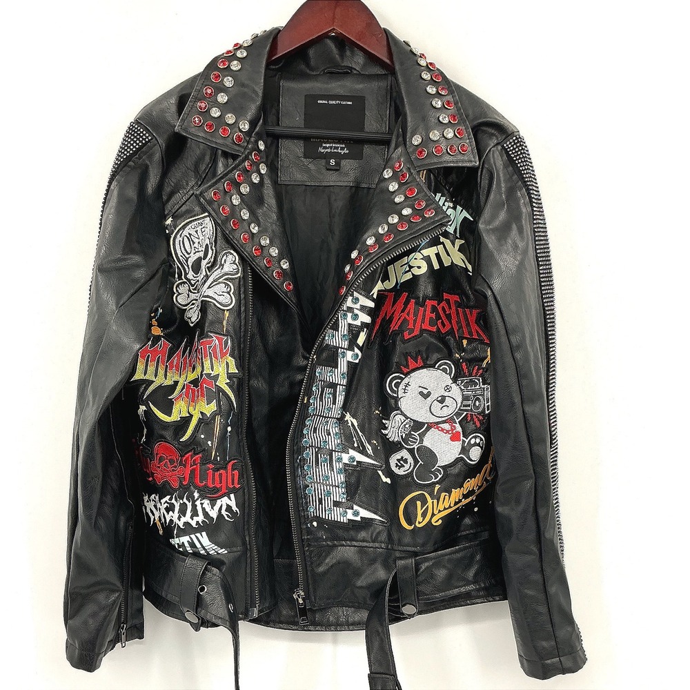 Majestik Graffiti Patch Studded Faux Leather Moto Jacket Unisex Size S‎
